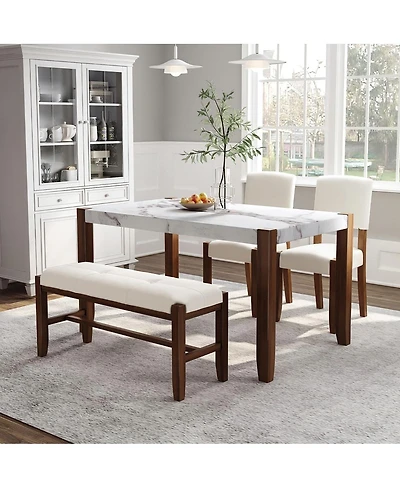 Maison Boucle 4-Piece Dining Table Set with Faux Marble Top, 2 Upholstered Chairs and Bench, Kitchen Table Set for Small Spaces