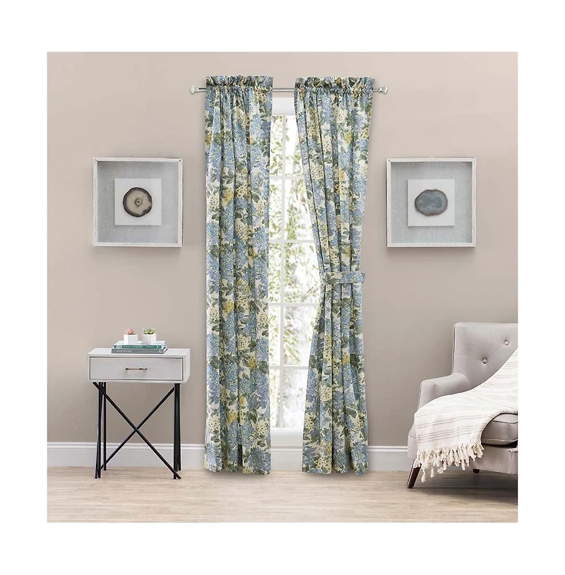 Ellis Hydrangea Classic Pattern Printed 1.5" Rod Pocket Window Tailored Pair with Ties 68"x84" Blue