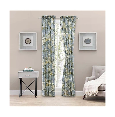 Ellis Hydrangea Classic Pattern Printed 1.5" Rod Pocket Window Tailored Pair with Ties 68"x84" Blue