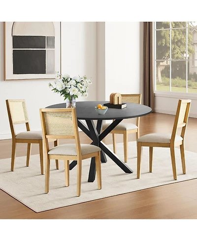 Maison Boucle 5-Piece Black Round Dining Set, Mdf Table with Faux Rattan Back Chairs and Upholstered Seats Apartment Small Dining Room-Maison Boucle