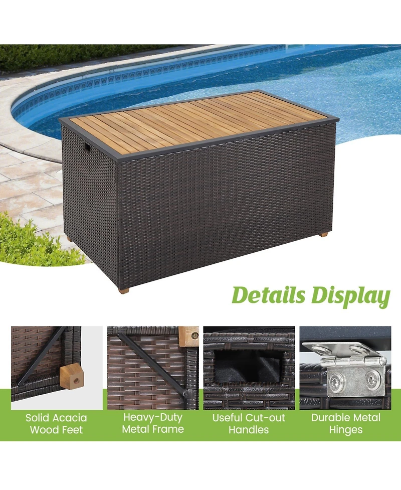 Sugift 134 Gallon Rattan Storage Box With Zippered Liner And Solid Acacia Wood Top.