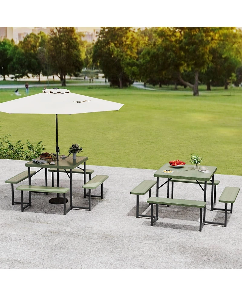 Outdoor Square Picnic Table Bench Set for 4-8 People with Umbrella Hole