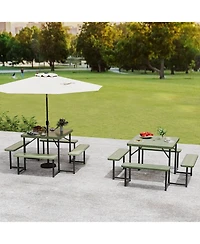 Outdoor Square Picnic Table Bench Set for 4-8 People with Umbrella Hole
