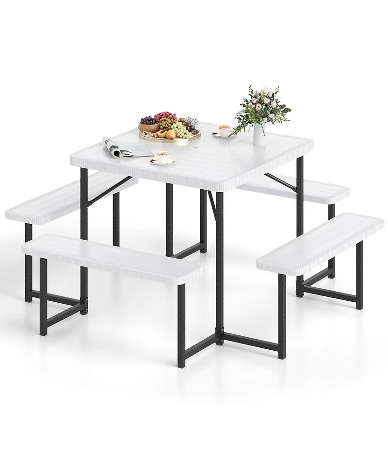Outdoor Square Picnic Table Bench Set for 4-8 People with Umbrella Hole