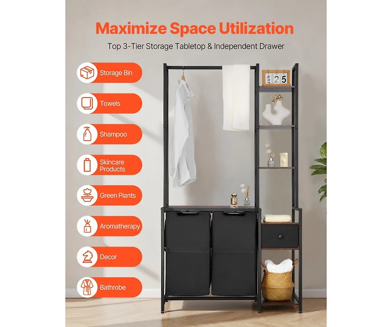 Slickblue Laundry Hamper with 3 Tiers, 2 Compartments, and Storage Rack