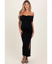 Pinkblush Maternity Black Bow Detail Off Shoulder Side Slit Midi Dress