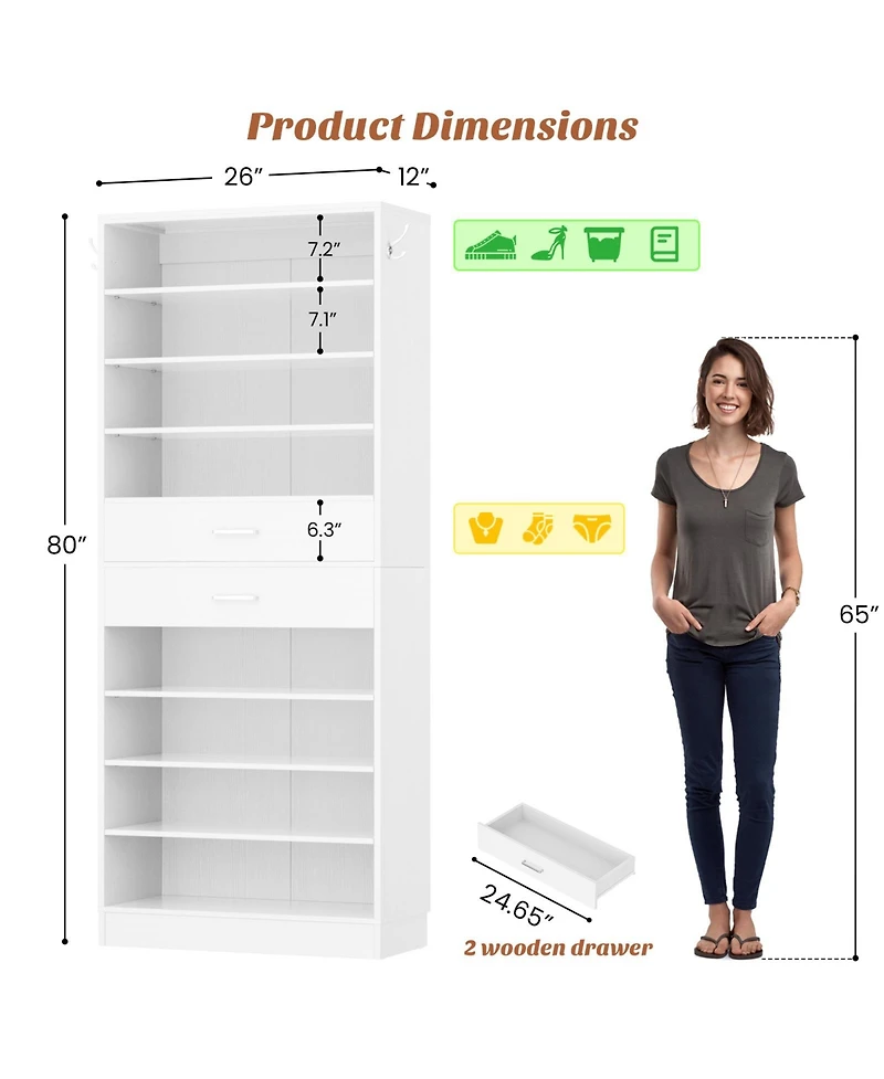 8-Tier Shoe Rack with 2 Drawers, 80'' High Wooden Shoe Cabinet with Adjustable Shelves