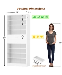 8-Tier Shoe Rack with 2 Drawers, 80'' High Wooden Shoe Cabinet with Adjustable Shelves
