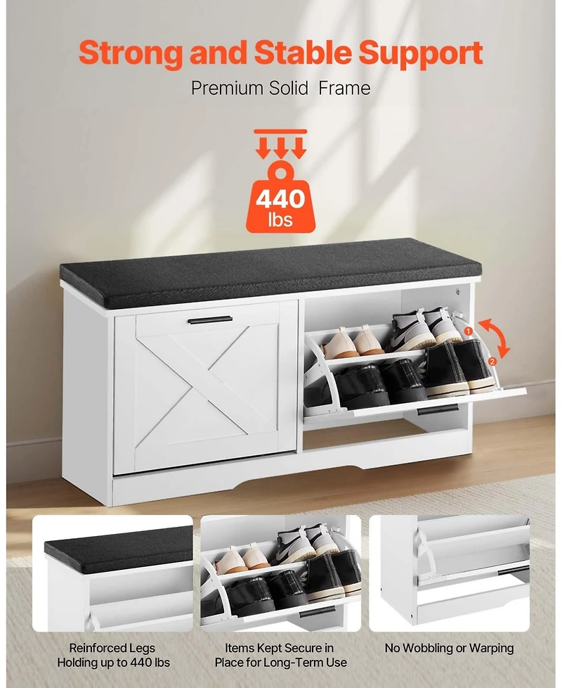 Slickblue 1-Pc Wooden Shoe Rack Bench – Padded Seat & Flip Drawer Storage Organizer