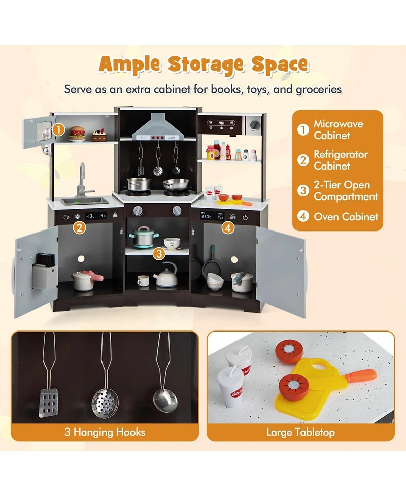 Skonyon Pretend Play Kitchen Wooden Toy Set with Range Hood Real Sounds and Lights