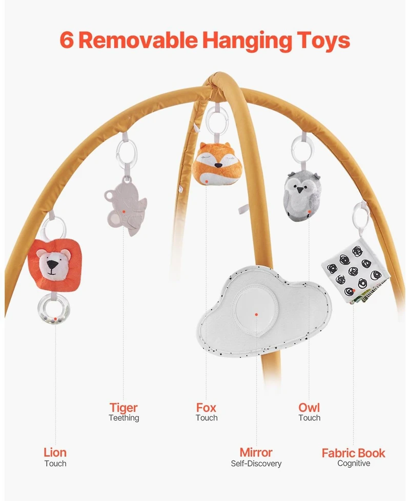 Baby Play Gym Mat with 6 Sensory Toys, Tummy Time Activity Mat 42.9" x 33.5"