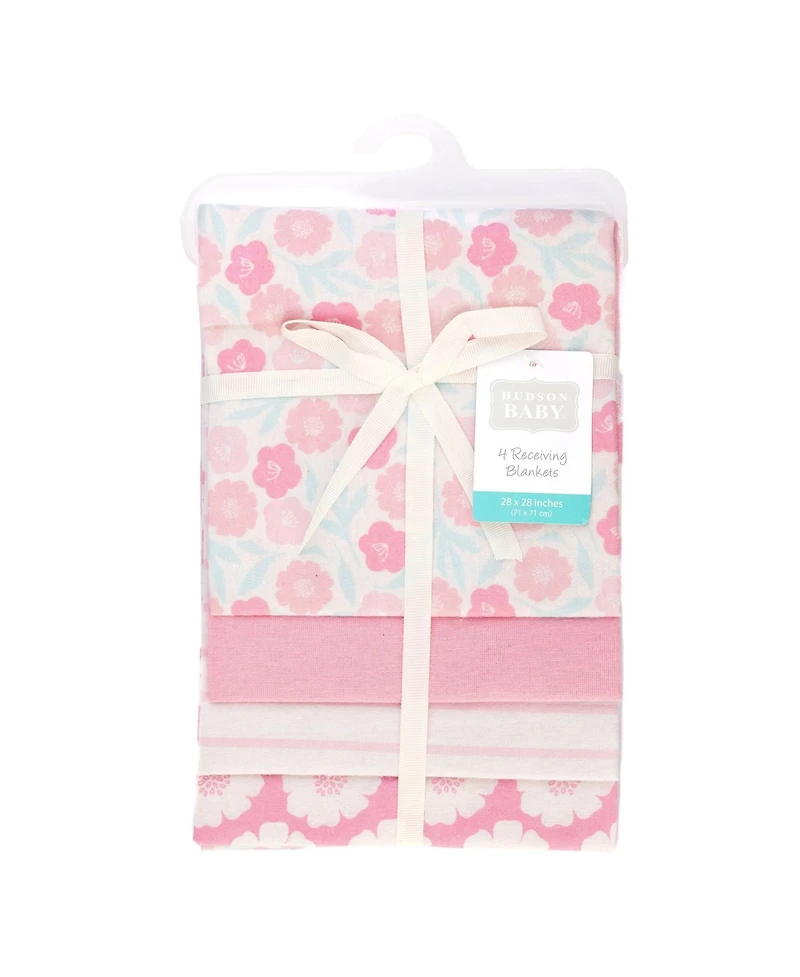 Hudson Baby Infant Girls Cotton Flannel Receiving Blankets 4-Pack, Pink Daisies, One Size