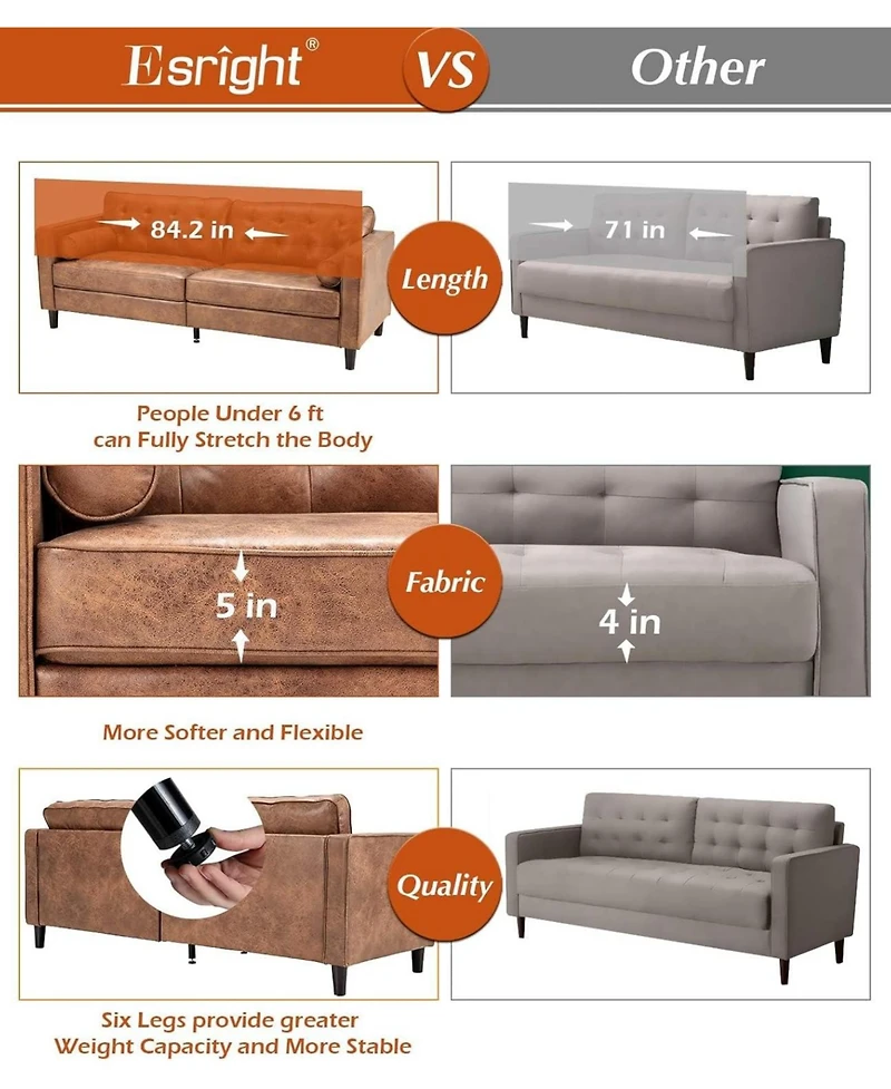 Aecojoy Faux Leather Sofa, 84.2-Inch Mid Century Modern 3-Seater Couch with 2 Bolster Pillows