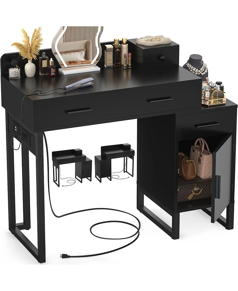 Aheaplus Makeup Vanity Desk with 4 Drawers and Cabinet, Dressing Table Outlets for Small Space