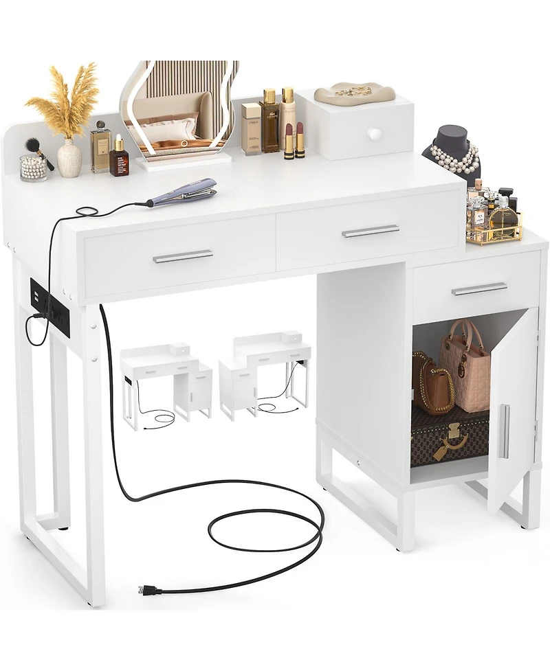 Aheaplus Makeup Vanity Desk with 4 Drawers and Cabinet, Dressing Table with Outlets for Small Space