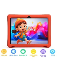 New Linsay 10.1" Kids Funny Tablet Octa Core 128GB Bundle with Red Kids Back Pack New Android 14 Dual Camera