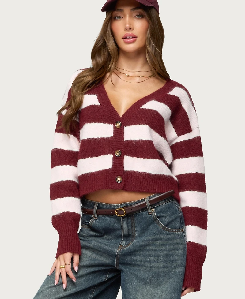 Edikted Women's Kaz Striped Knit V Neck Cardigan