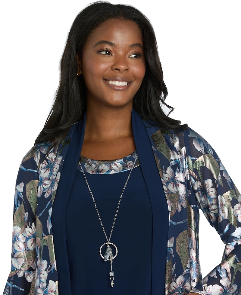 R & M Richards Women's Foil Printed Jacket Pantsuit with Tank and Pull-On Pants