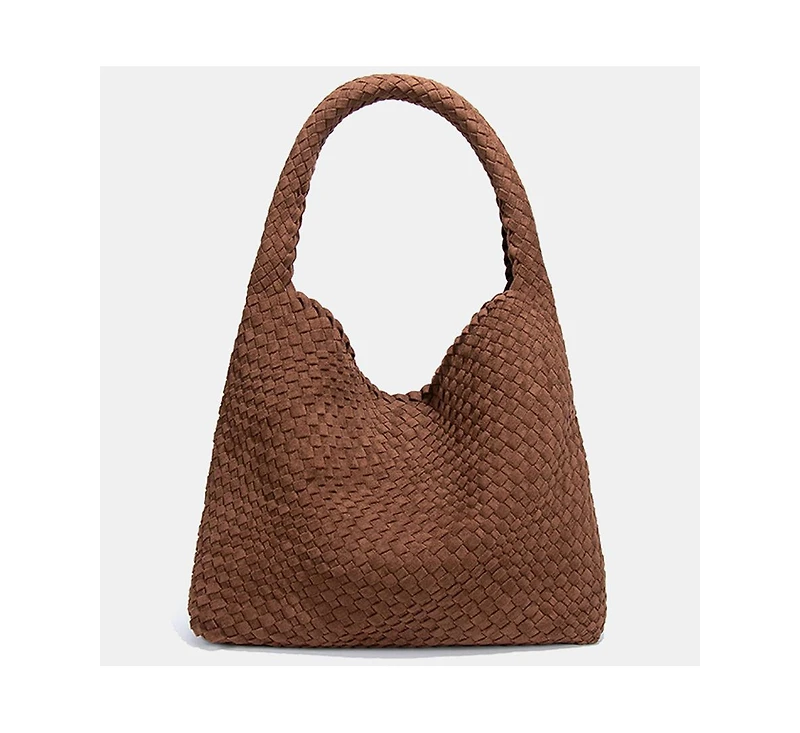 Susu Brown and Espresso Suede Woven Hobo Bag Large Slouchy Shoulder Tote Handbag for Women Soft Braided Texture Work Purse