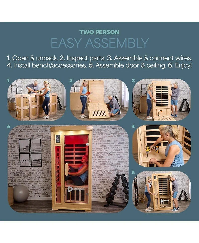Lifepro Rejuvacure Low-emf 1-Person Infrared Sauna – Indoor Wooden Sauna with Tempered Glass Door, Carbon Fiber Heaters, Chromotherapy & Blueto