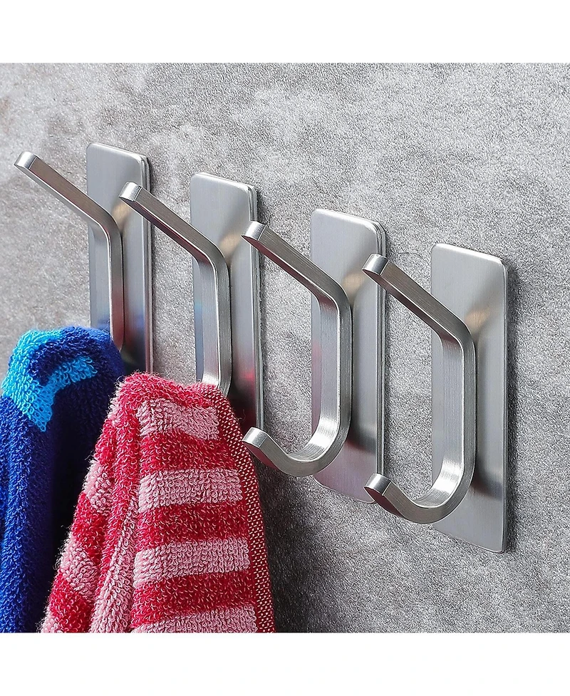 Towel Hook/Adhesive Hooks - Wall Hooks for Coat/Robe/Towels Stick on Bathroom/Kitchen 4-Pack, Stainless Steel