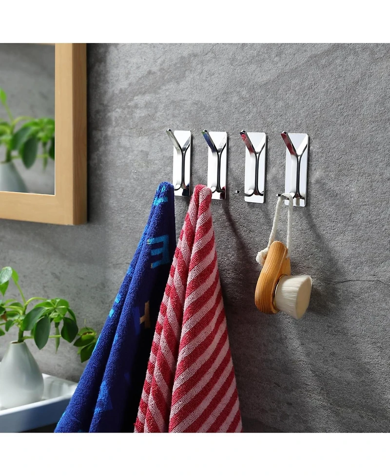 Adhesive Hooks -4 Packs Wall Hooks for Hanging Towels, Clothes, Robes Stick On Towel Hooks No Drill for Bathrooms Kitchen Stainless Steel