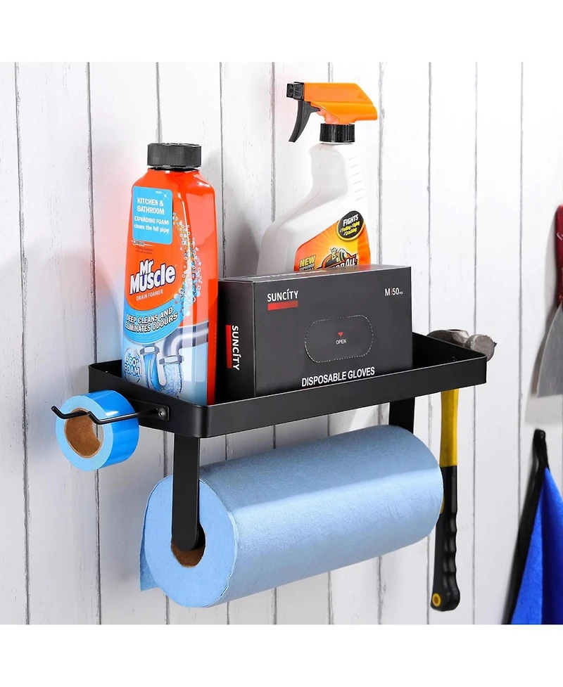 Garage Paper Towel Holder with Shelf - Wall Mount Paper Towel Holder with 4 Hooks, Single-Hand Tear Paper Towel Rack Heavy Duty Tissue Holder