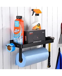 Garage Paper Towel Holder with Shelf - Wall Mount Paper Towel Holder with 4 Hooks, Single-Hand Tear Paper Towel Rack Heavy Duty Tissue Holder