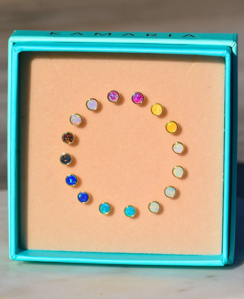 Kamaria Round Stud Earrings With Lab-Grown Opal 14k Gold Plated Sterling Silver