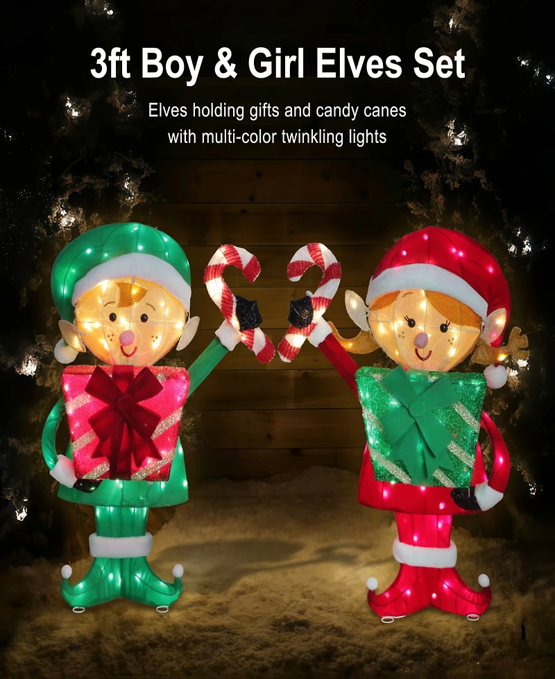 Puleo International Elf Couple with Gift Boxes and Candy Cane, Set of 2