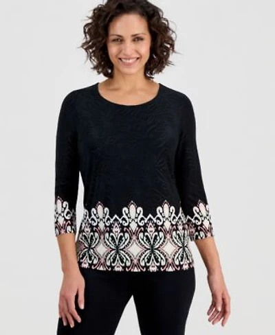 Jm Collection Womens Printed 3 4 Sleeve Scoop Neck Jacquard Top Macys Exclusive