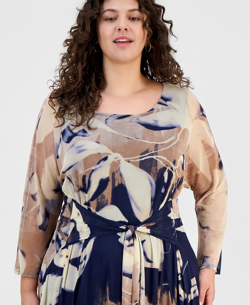 Robbie Bee Plus Size Printed Round-Neck Midi Mesh Dress