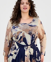 Robbie Bee Plus Size Printed Round-Neck Midi Mesh Dress
