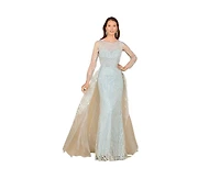 Lara Women's Long Sleeve Lace Gown with Tulle Overskirt