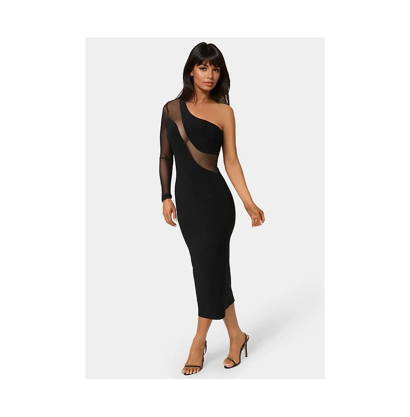 Bebe Women's One Shoulder Mesh Insert Midi Dress