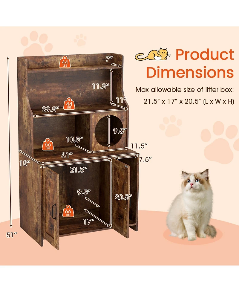 Gymax Large Wooden Cat Litter Box Enclosure w/ Storage Shelves Condo End Table