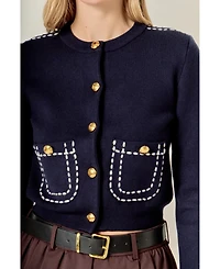 English Factory Women's Stitch Detail Puff Sleeve Cardigan