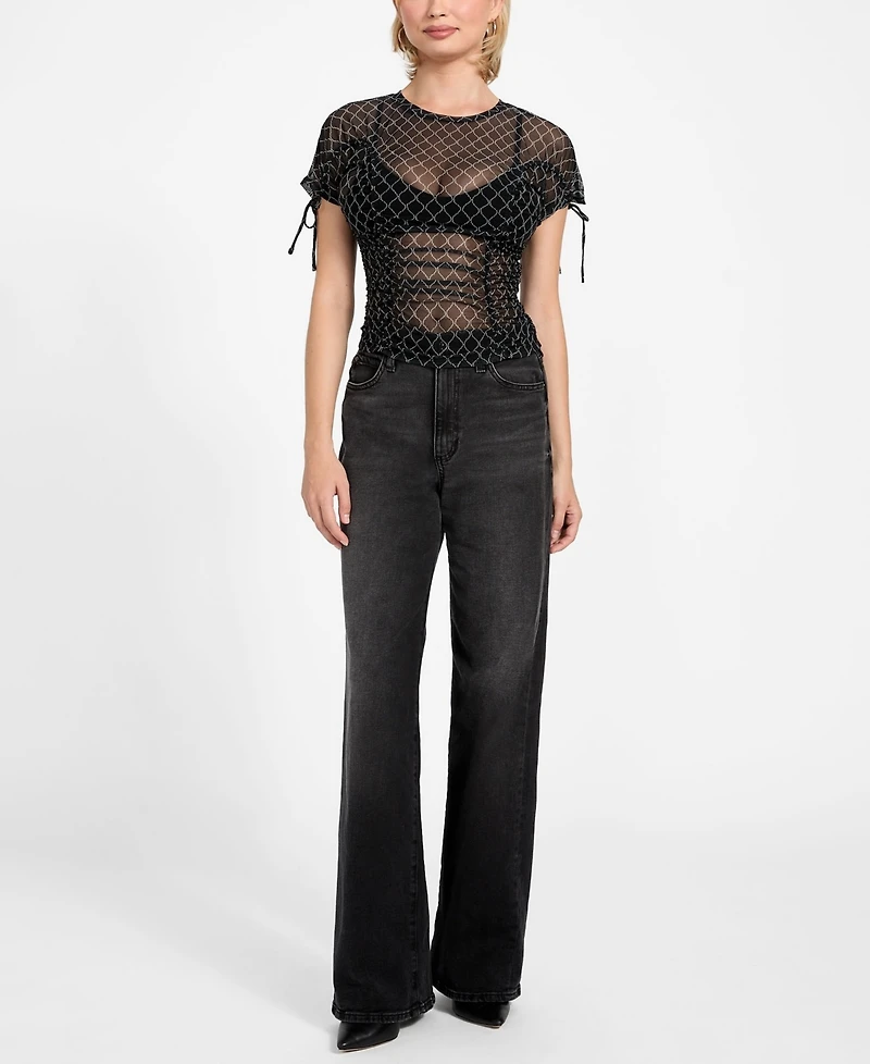 Guess Women's Chain Mesh Logo Shirred Top
