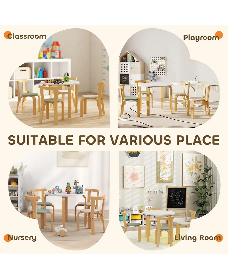 Qaba 5 Piece Kids Table and Chair Set, Wooden Table and 4 Chairs,