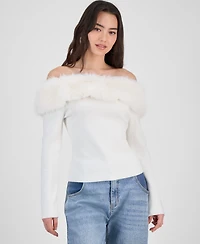 Bar Iii Women's Off-The-Shoulder Faux-Fur-Trim Top, Macy's Exclusive