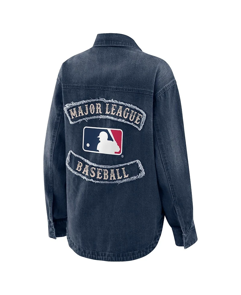 Wear by Erin Andrews Women's Denim Mlb Washed Oversized Full-Snap Shacket