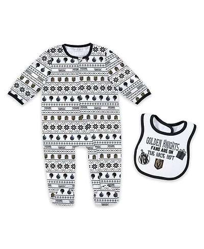 Wear by Erin Andrews Newborn 2-Piece Vegas Golden Knights Allover Print Full-Zip Sleeper and Bib Christmas Set
