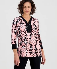 Jm Collection Womens Lace Up 3 4 Sleeve Printed Top Created For Macys