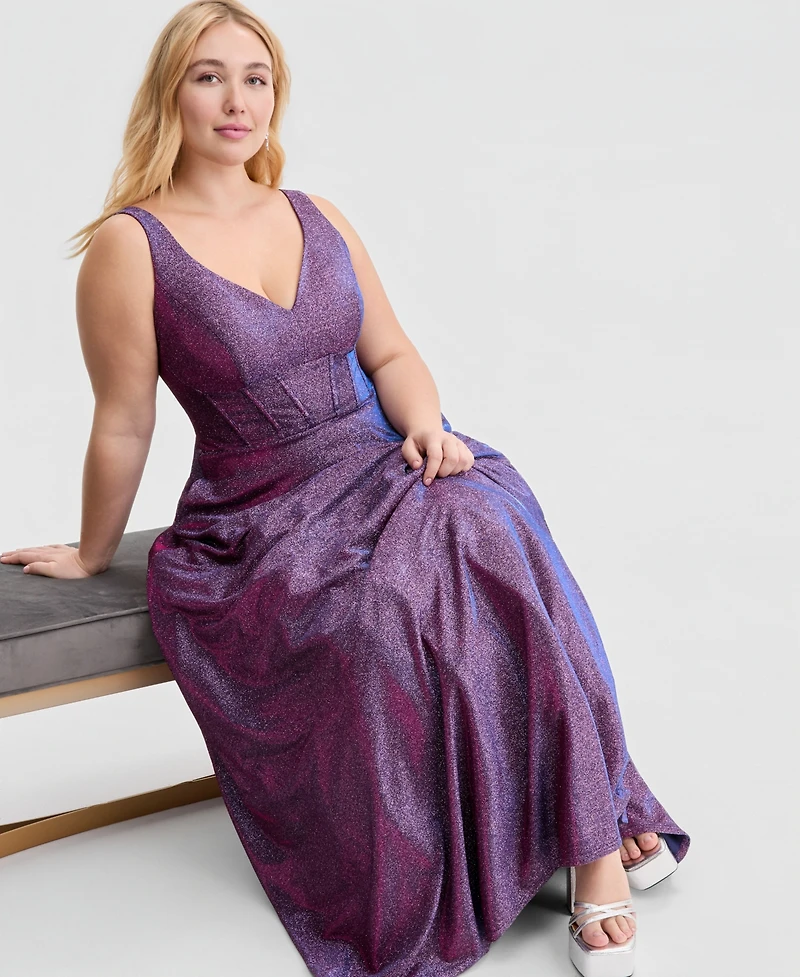 City Studios Trendy Plus Glitter V-Neck Sleeveless Gown