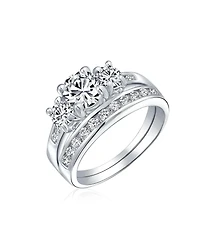 Bling Jewelry Classic 3CT Round 3 Stone Cz Past Present Future Promise Ring Set Band Sterling Silver