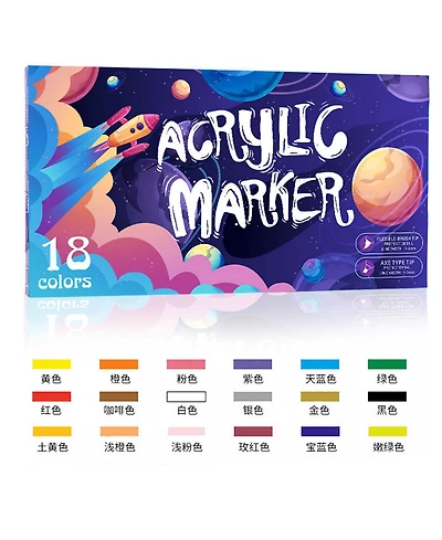 Htutwoo 18 Colors Dual Tip Acrylic Paint Markers Set with 6mm Chisel Tip and 1-7mm Brush Tip for Rock, Wood, Fabric and Canvas
