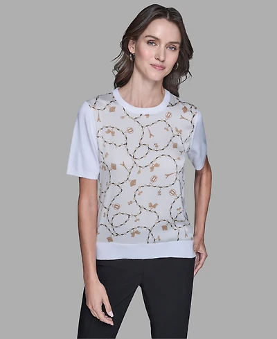 Karl Lagerfeld Paris Women's Short-Sleeve Printed Sweater