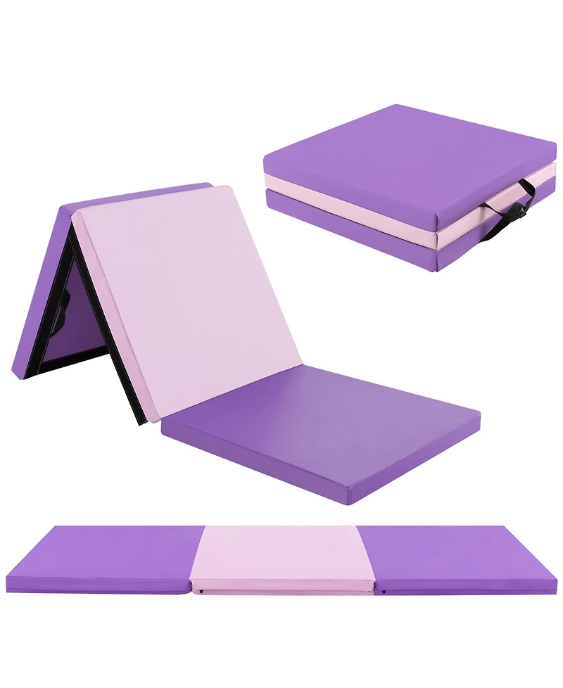 Sugift 6 x 2 Ft Tri-Fold Gym Mat with Handles and Removable Zippered Cover-Pink & Purple