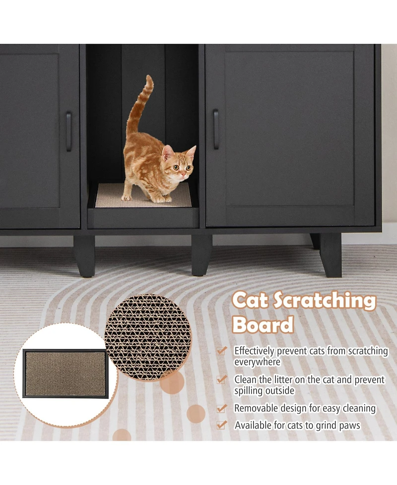 Sugift 2-Door Cat Litter Box Enclosure with Winding Entry and Scratching Board