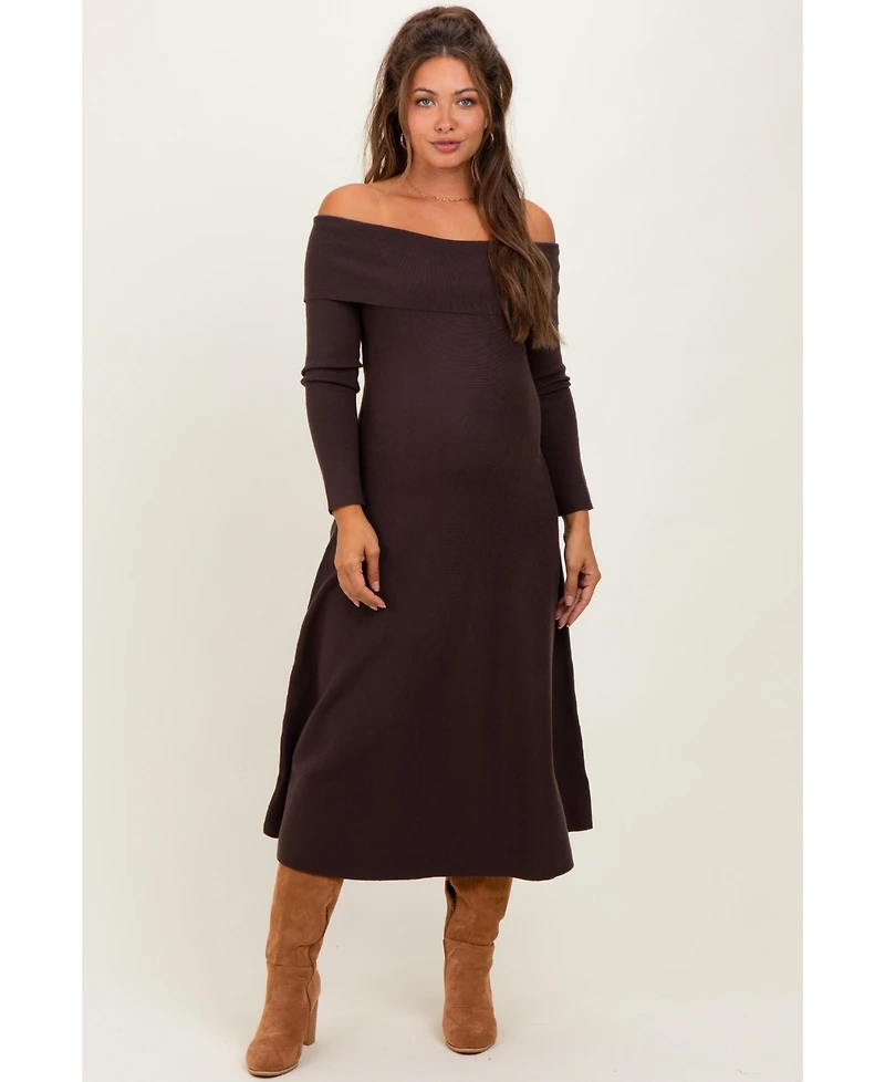 Pinkblush Maternity Brown Off Shoulder Sweater Midi Dress